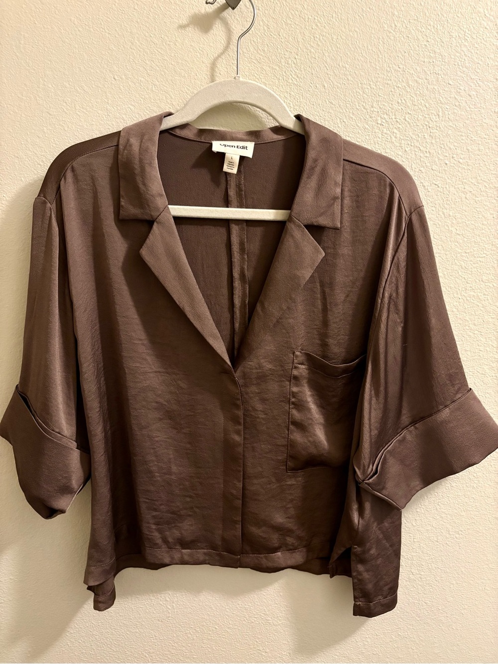 Open Edit Nordstrom Brown Satin Camp Shirt - Size L